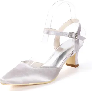 Women's Satin Slip-On Kitten Heel Pumps - Closed Toe with Buckle, Ideal for Dresses, Bridal, Wedding Parties, Evening Proms & Dance