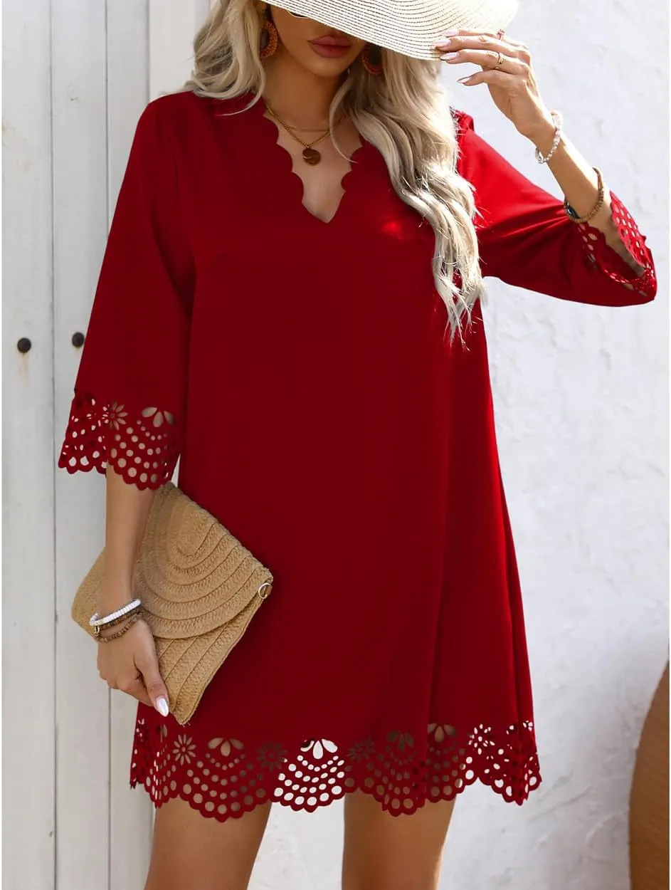 Women's Sexy Stylish 3/4 Long Sleeve Loose V Neck Lace A-Line Swing Cocktail Party Dresses