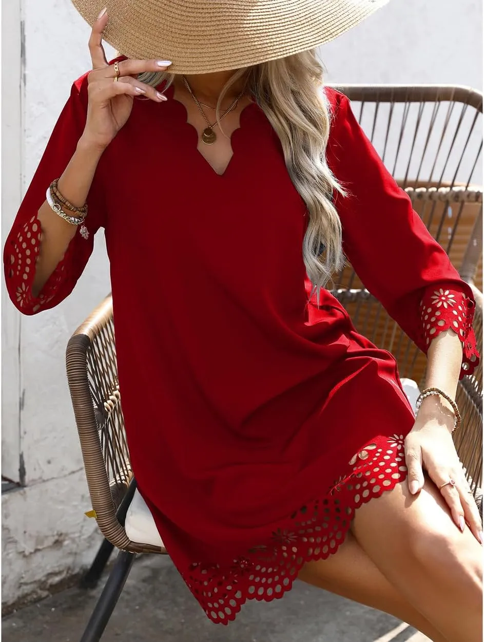 Women's Sexy Stylish 3/4 Long Sleeve Loose V Neck Lace A-Line Swing Cocktail Party Dresses