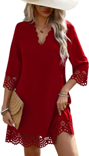 Women's Sexy Stylish 3/4 Long Sleeve Loose V Neck Lace A-Line Swing Cocktail Party Dresses