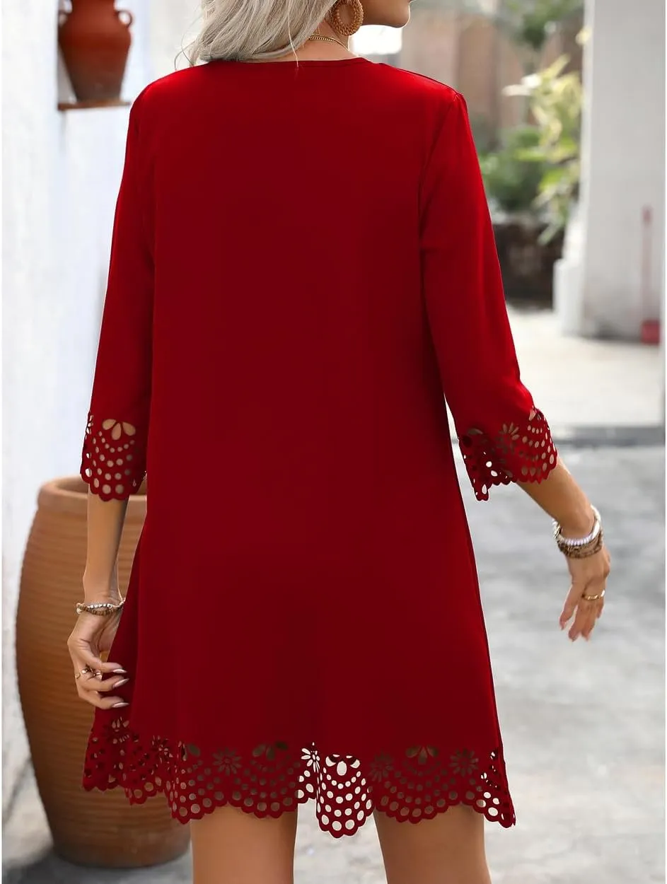 Women's Sexy Stylish 3/4 Long Sleeve Loose V Neck Lace A-Line Swing Cocktail Party Dresses