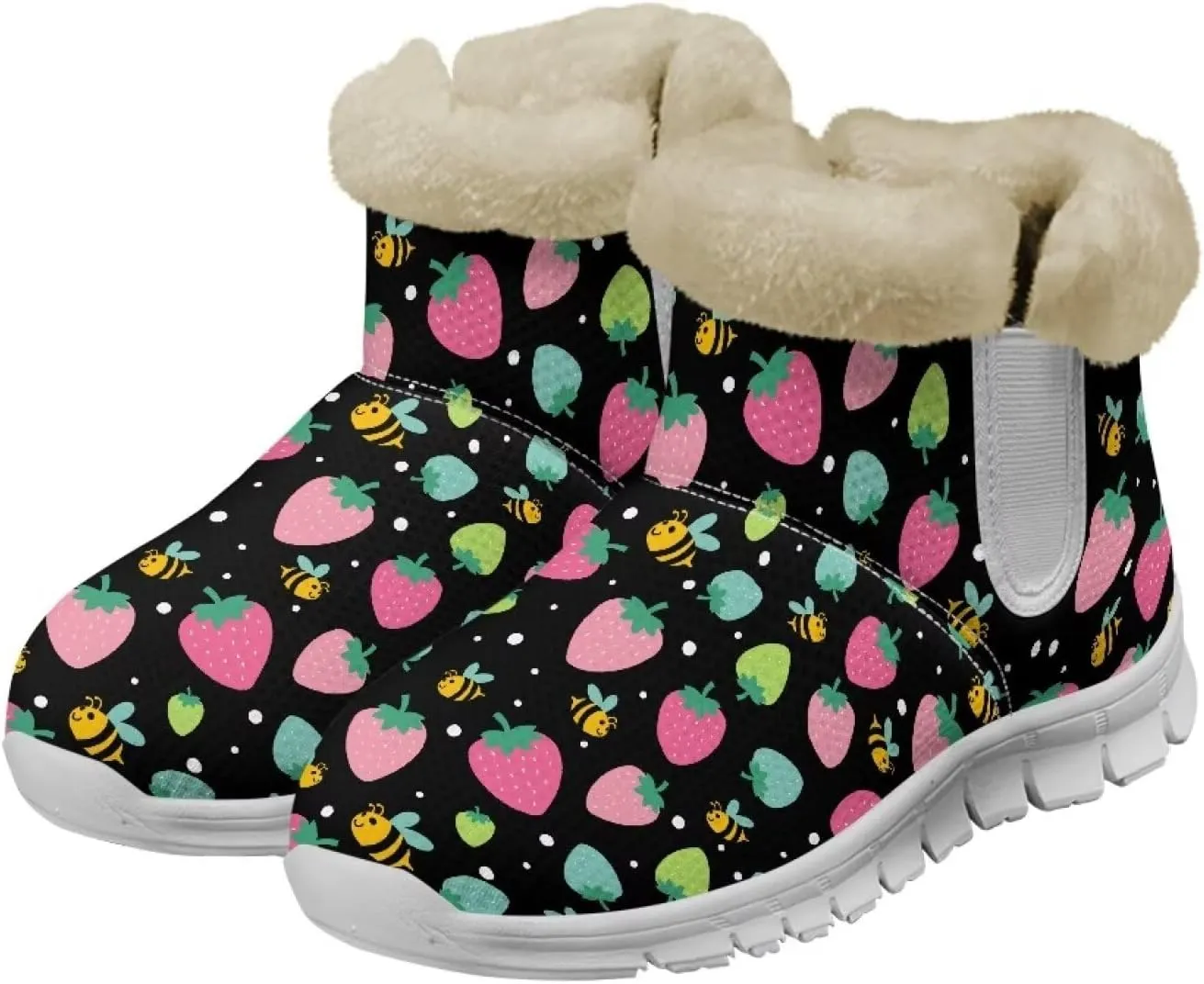 Women's Slip On Snow Boots Winter Warm Furry Lined Shoes Fruit Print Ankle Boots Outdoor Non Slip Thicken Short Boot