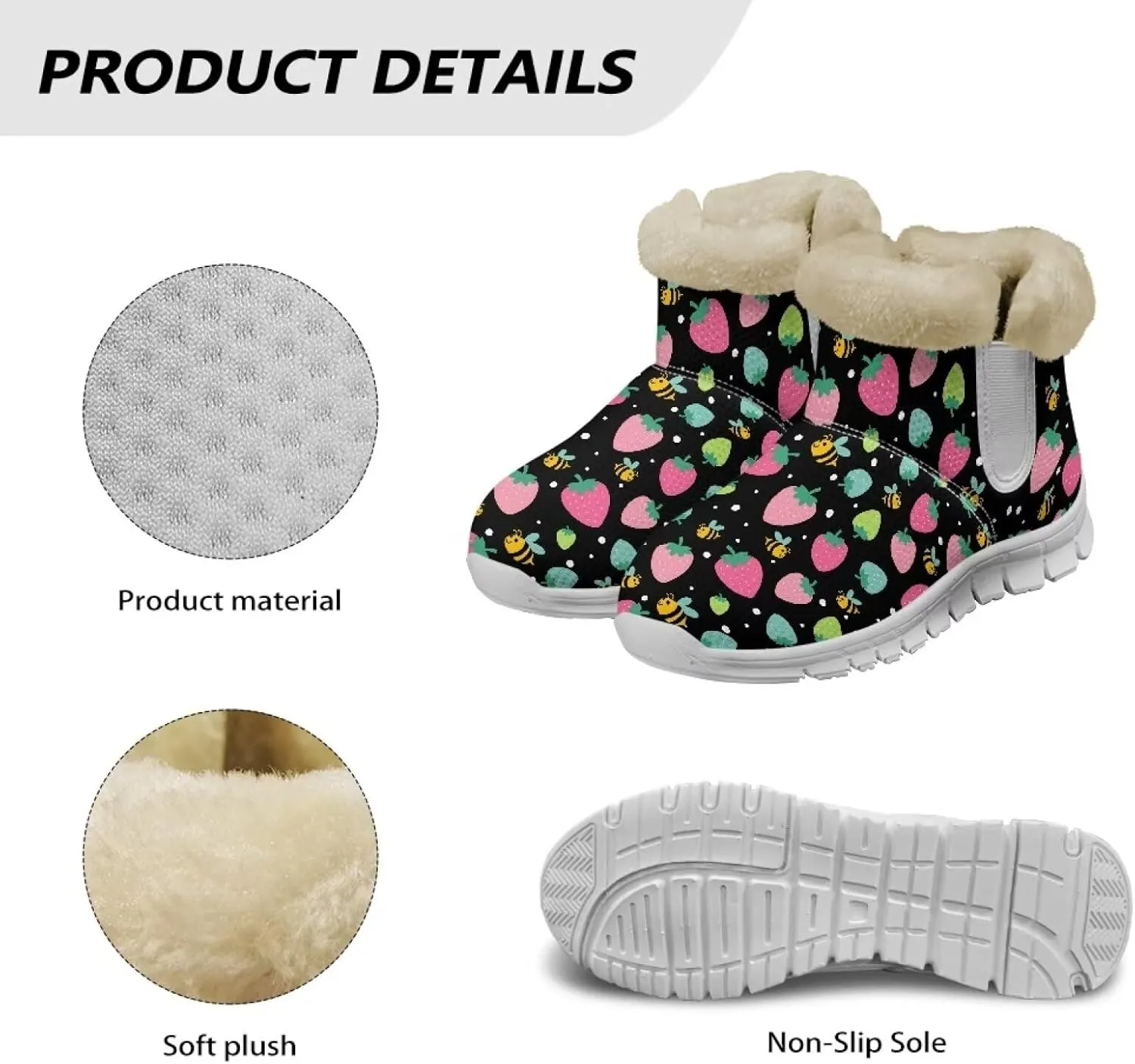 Women's Slip On Snow Boots Winter Warm Furry Lined Shoes Fruit Print Ankle Boots Outdoor Non Slip Thicken Short Boot