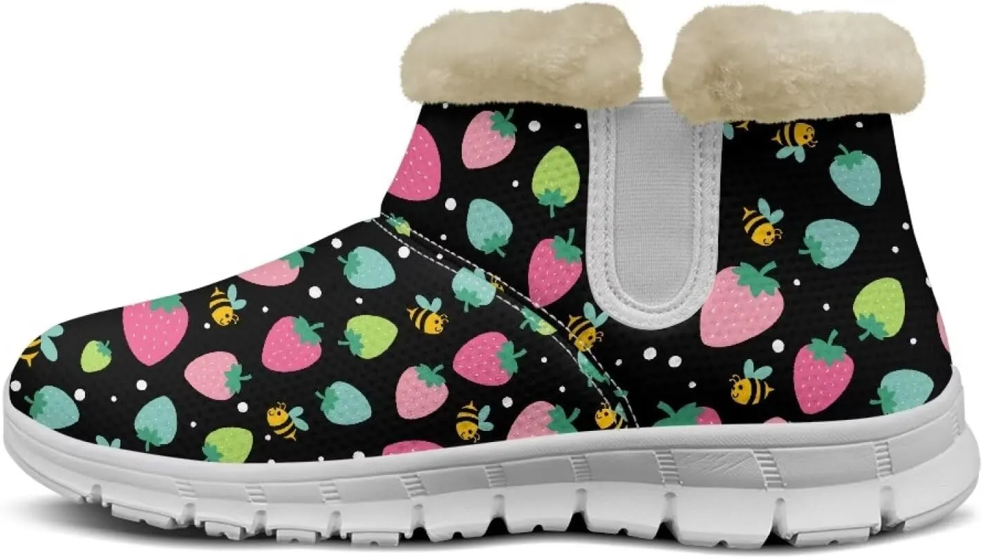 Women's Slip On Snow Boots Winter Warm Furry Lined Shoes Fruit Print Ankle Boots Outdoor Non Slip Thicken Short Boot