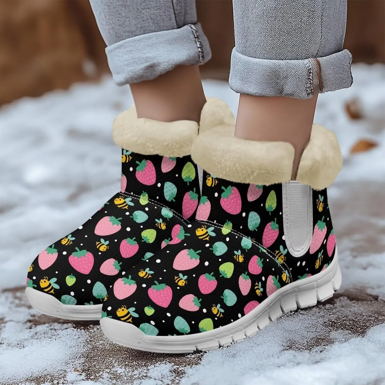 Women's Slip On Snow Boots Winter Warm Furry Lined Shoes Fruit Print Ankle Boots Outdoor Non Slip Thicken Short Boot