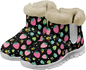 Women's Slip On Snow Boots Winter Warm Furry Lined Shoes Fruit Print Ankle Boots Outdoor Non Slip Thicken Short Boot