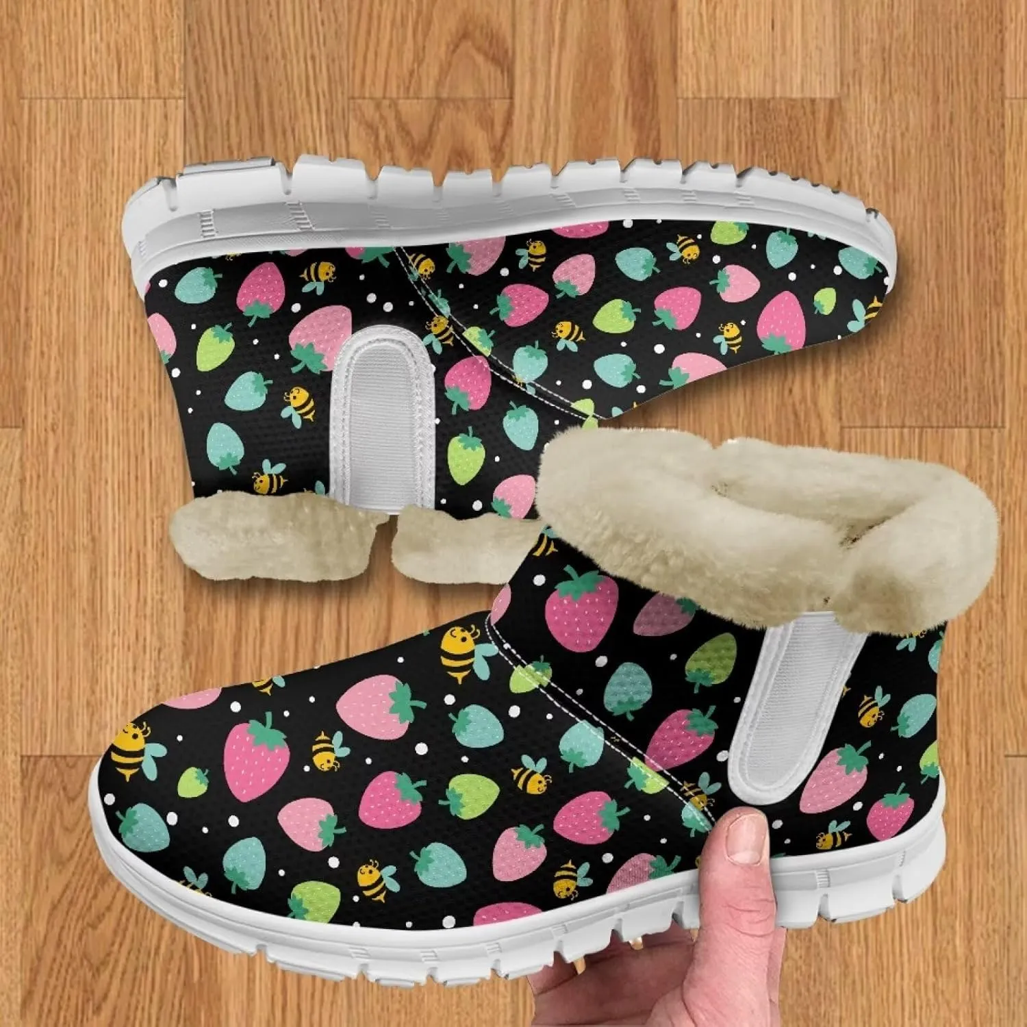 Women's Slip On Snow Boots Winter Warm Furry Lined Shoes Fruit Print Ankle Boots Outdoor Non Slip Thicken Short Boot
