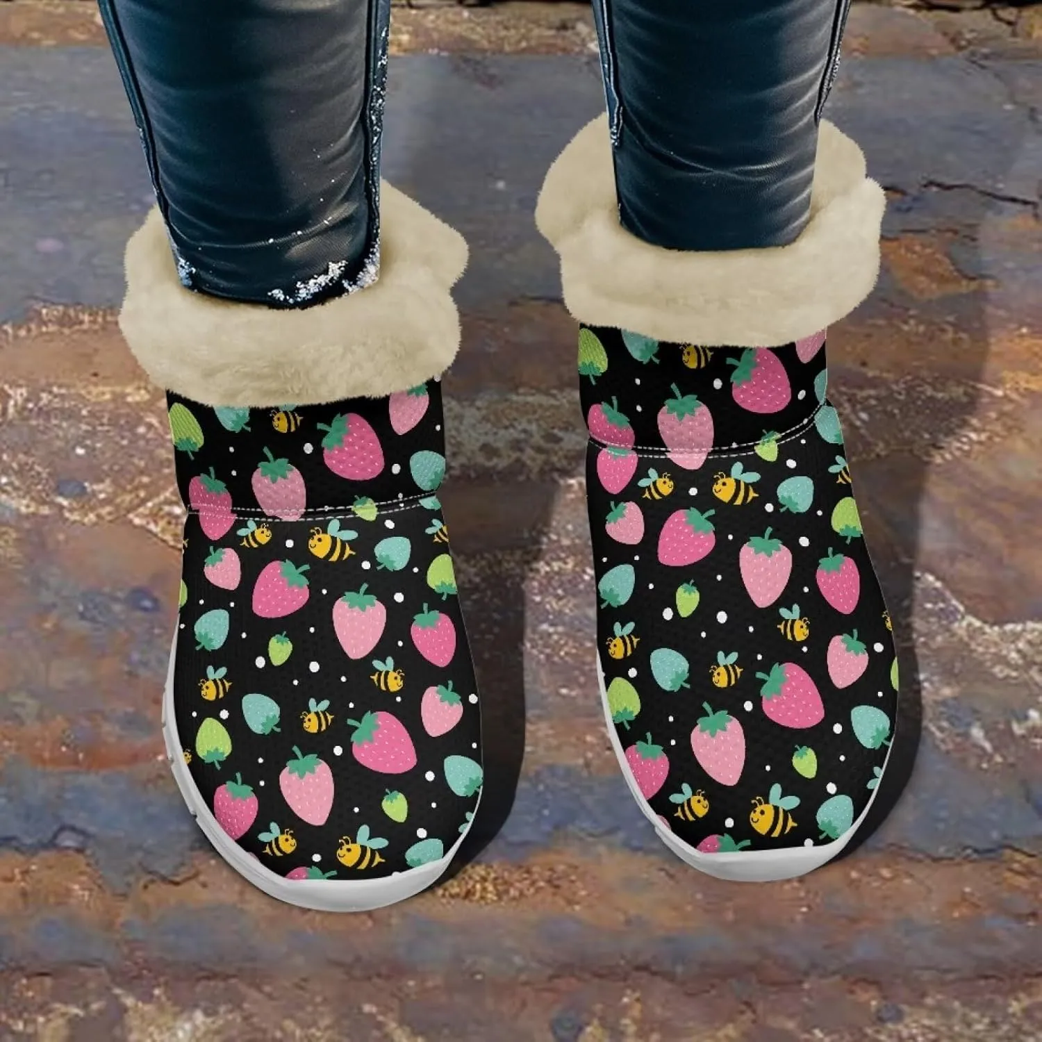 Women's Slip On Snow Boots Winter Warm Furry Lined Shoes Fruit Print Ankle Boots Outdoor Non Slip Thicken Short Boot