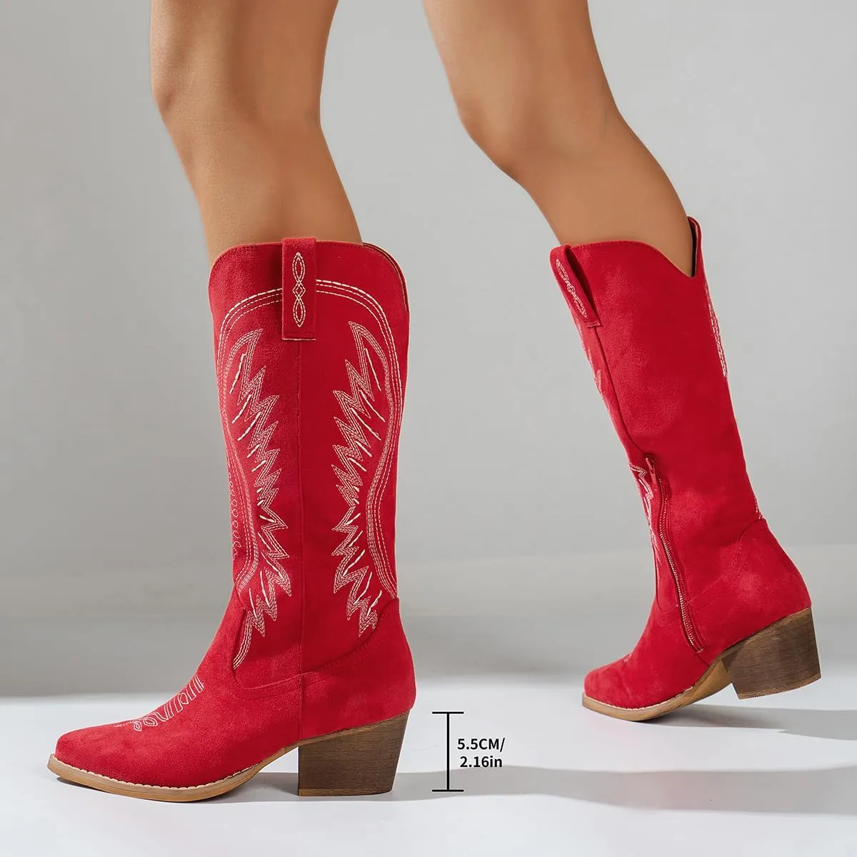 Women's Solid Color Suede Embroidered Side Zipper High Heeled Boots With Sloping Heels, Versatile Trendy, Cowboy Boot