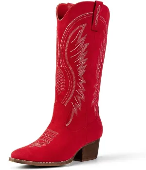 Women's Solid Color Suede Embroidered Side Zipper High Heeled Boots With Sloping Heels, Versatile Trendy, Cowboy Boot