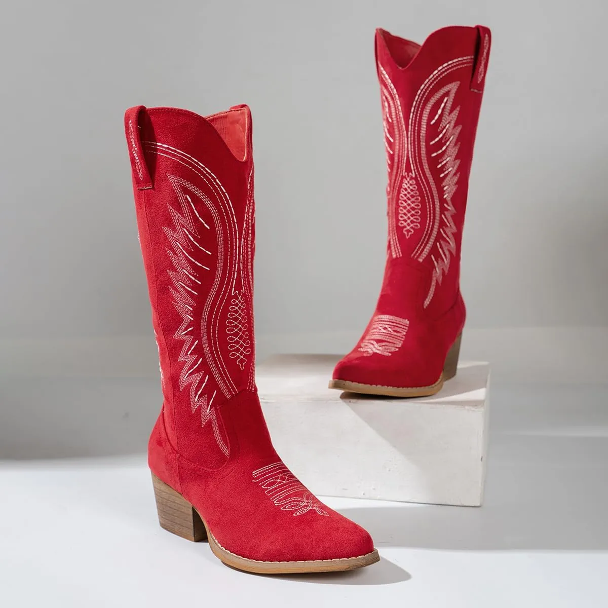 Women's Solid Color Suede Embroidered Side Zipper High Heeled Boots With Sloping Heels, Versatile Trendy, Cowboy Boot