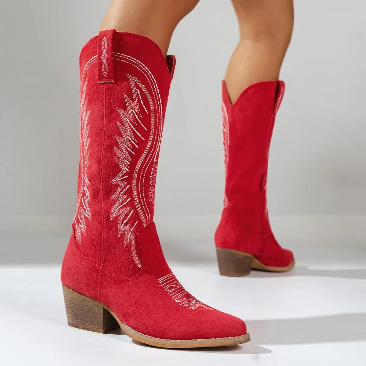 Women's Solid Color Suede Embroidered Side Zipper High Heeled Boots With Sloping Heels, Versatile Trendy, Cowboy Boot