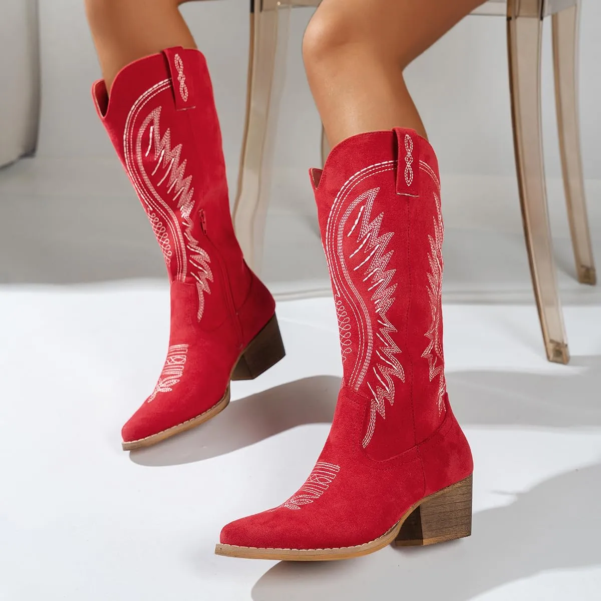 Women's Solid Color Suede Embroidered Side Zipper High Heeled Boots With Sloping Heels, Versatile Trendy, Cowboy Boot