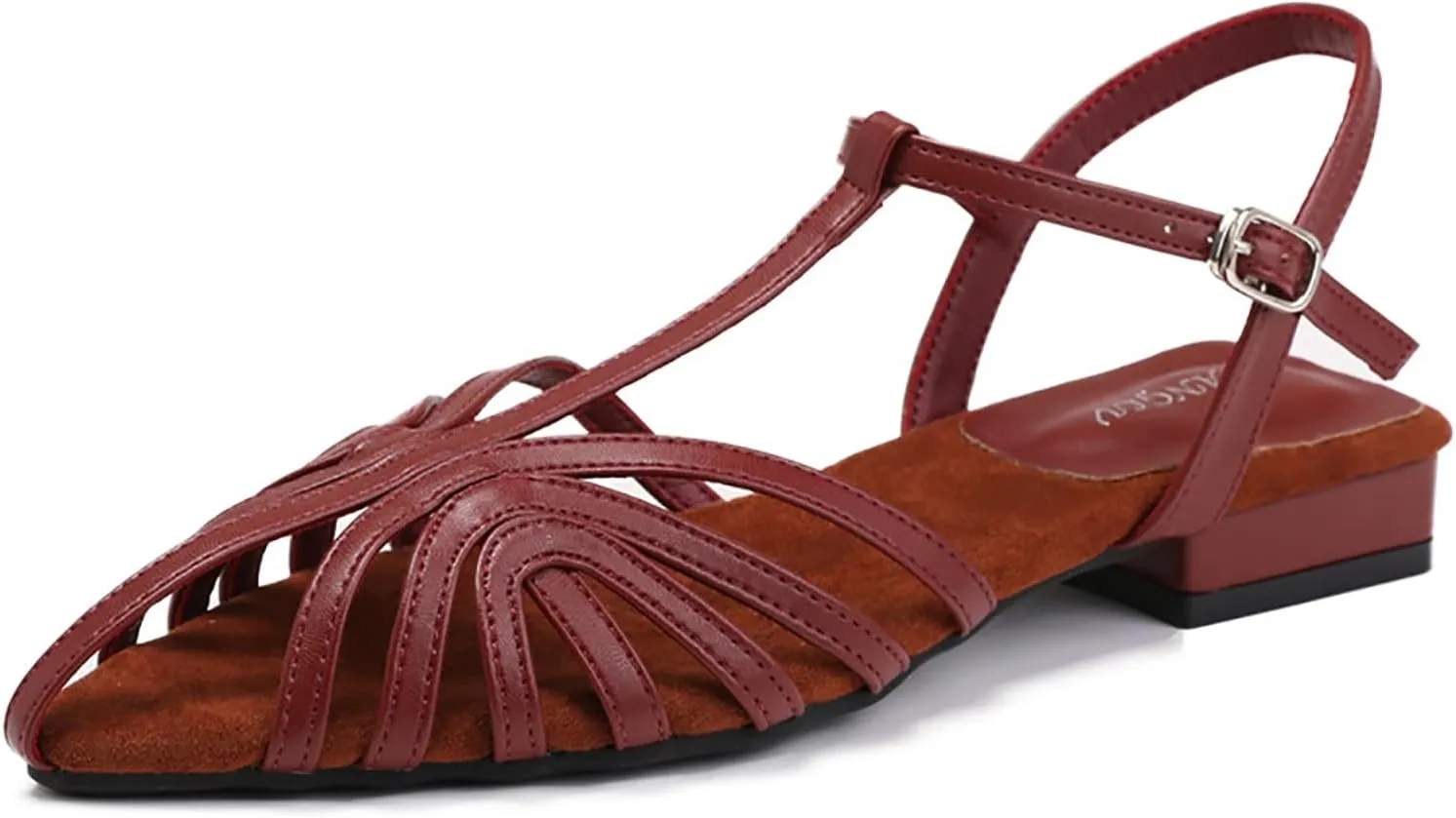 Women'S Strappy Pointed Closed Toe Low Chunky Heel Roman Sandals Fashion Adjustable Buckle Cut Out Cage Comfortable Flat Fisherman Sandals Casual Summer Breathable T Strap Beach Sandals