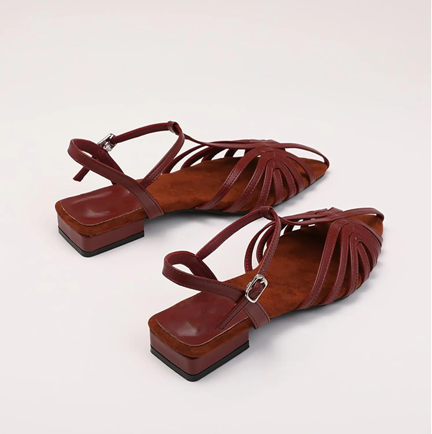 Women'S Strappy Pointed Closed Toe Low Chunky Heel Roman Sandals Fashion Adjustable Buckle Cut Out Cage Comfortable Flat Fisherman Sandals Casual Summer Breathable T Strap Beach Sandals