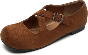 Women's Suede Ballet Flats Buckle Round Toe Vintage Comfortable Mary Janes Shoes Casual Walking Work Flat Shoes