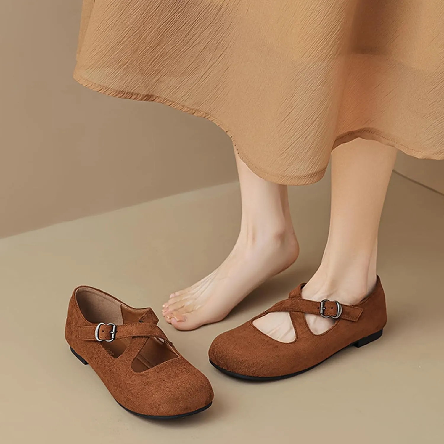 Women's Suede Ballet Flats Buckle Round Toe Vintage Comfortable Mary Janes Shoes Casual Walking Work Flat Shoes
