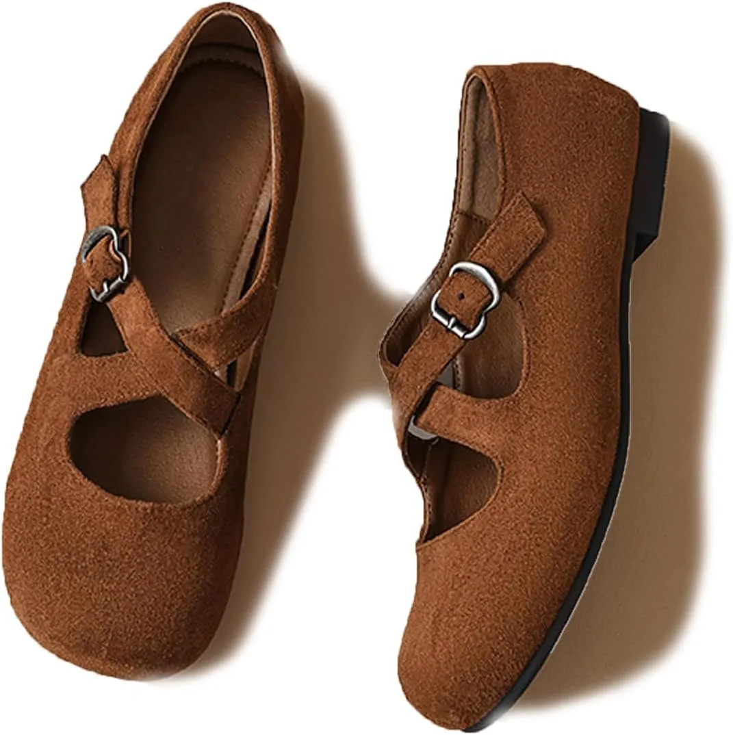 Women's Suede Ballet Flats Buckle Round Toe Vintage Comfortable Mary Janes Shoes Casual Walking Work Flat Shoes