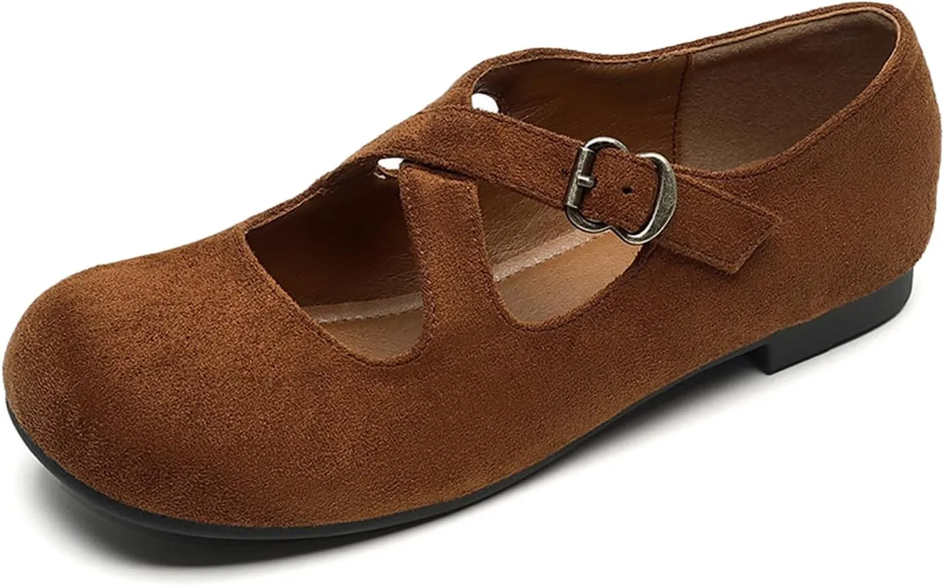Women's Suede Ballet Flats Buckle Round Toe Vintage Comfortable Mary Janes Shoes Casual Walking Work Flat Shoes