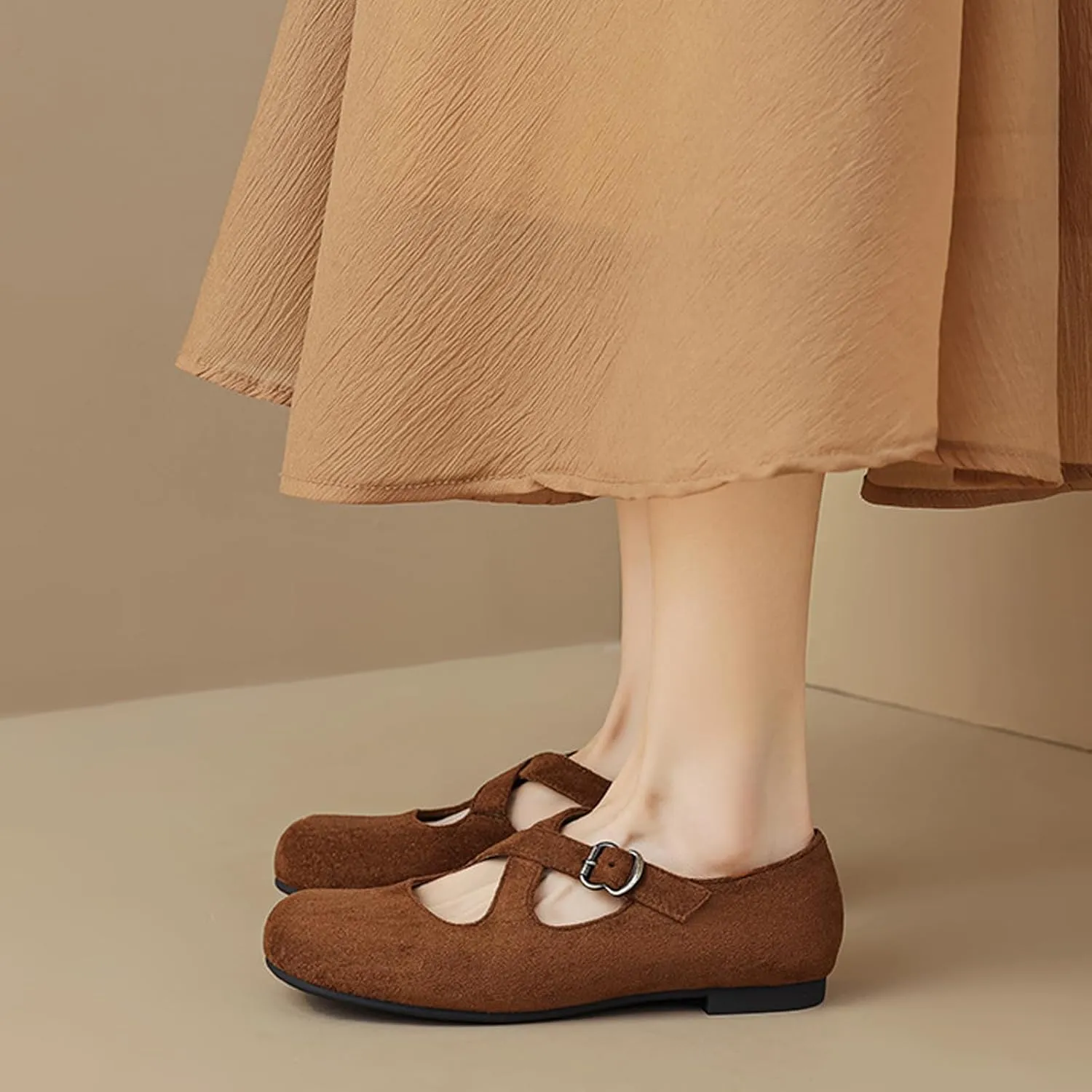 Women's Suede Ballet Flats Buckle Round Toe Vintage Comfortable Mary Janes Shoes Casual Walking Work Flat Shoes