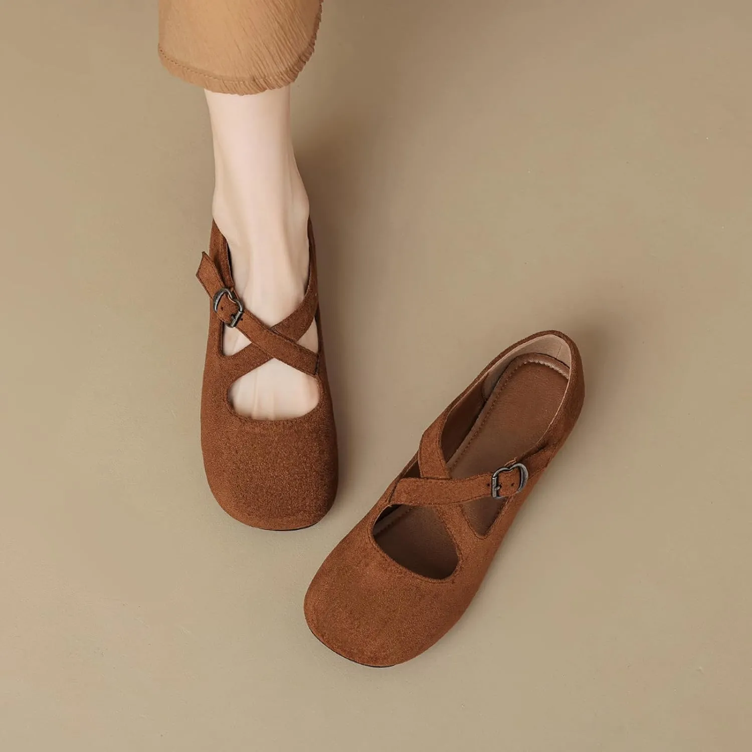 Women's Suede Ballet Flats Buckle Round Toe Vintage Comfortable Mary Janes Shoes Casual Walking Work Flat Shoes