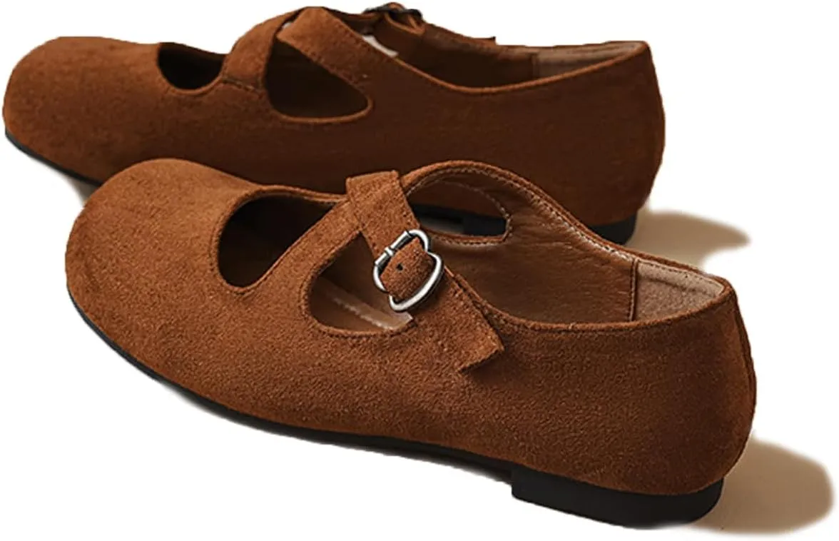 Women's Suede Ballet Flats Buckle Round Toe Vintage Comfortable Mary Janes Shoes Casual Walking Work Flat Shoes