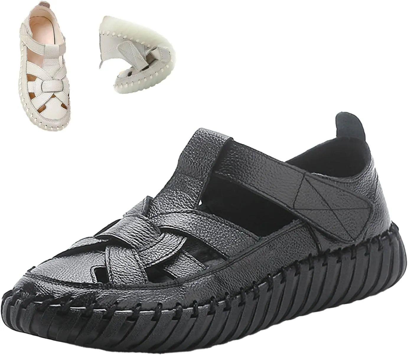Women's Summer Casual Boho Gladiator Leather Sandals,Comfort Handmade Woven Closed Toe Adjustable Hook Loop Beach Shoes