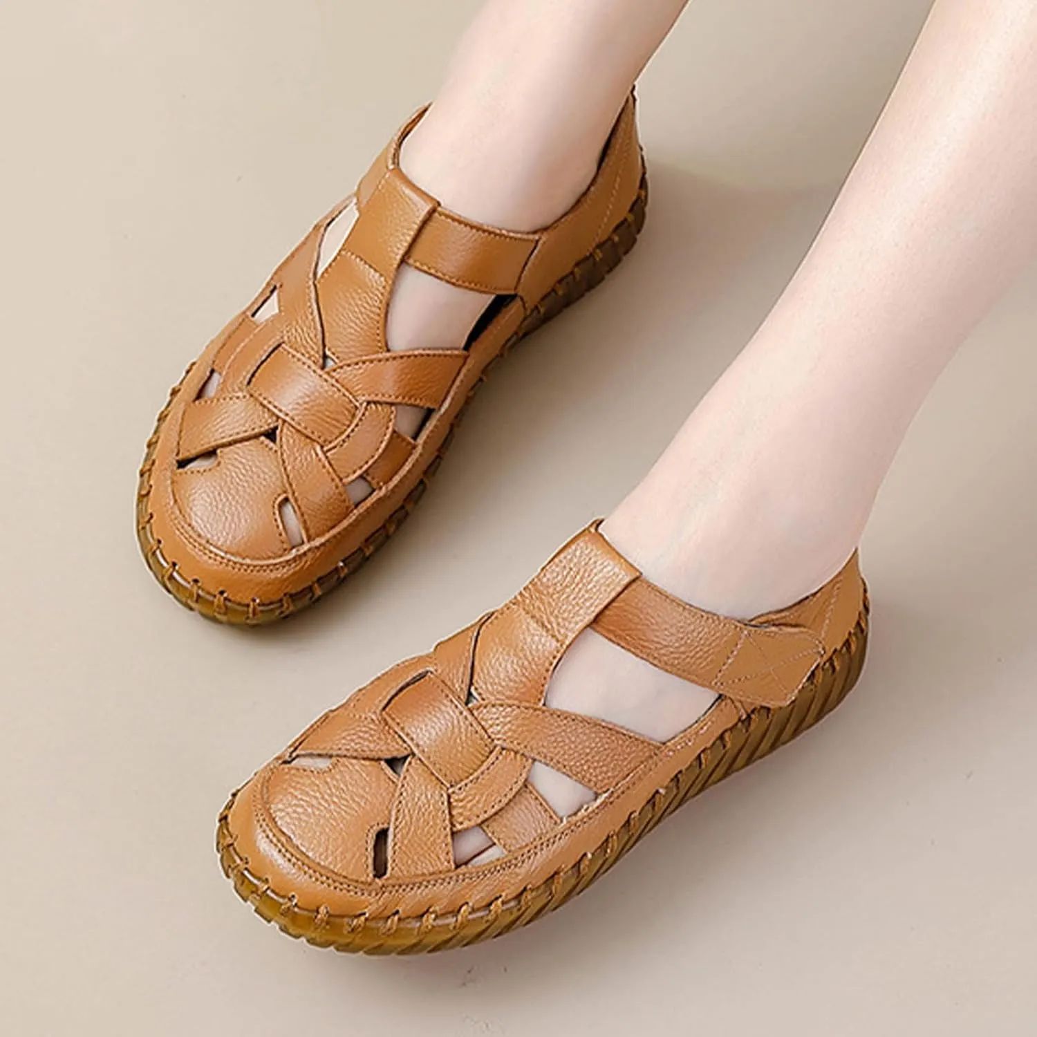 Women's Summer Casual Boho Gladiator Leather Sandals,Comfort Handmade Woven Closed Toe Adjustable Hook Loop Beach Shoes