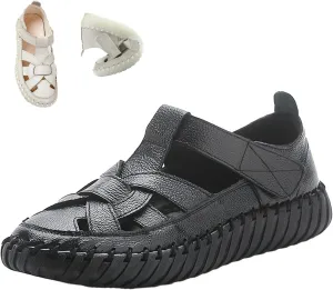 Women's Summer Casual Boho Gladiator Leather Sandals,Comfort Handmade Woven Closed Toe Adjustable Hook Loop Beach Shoes