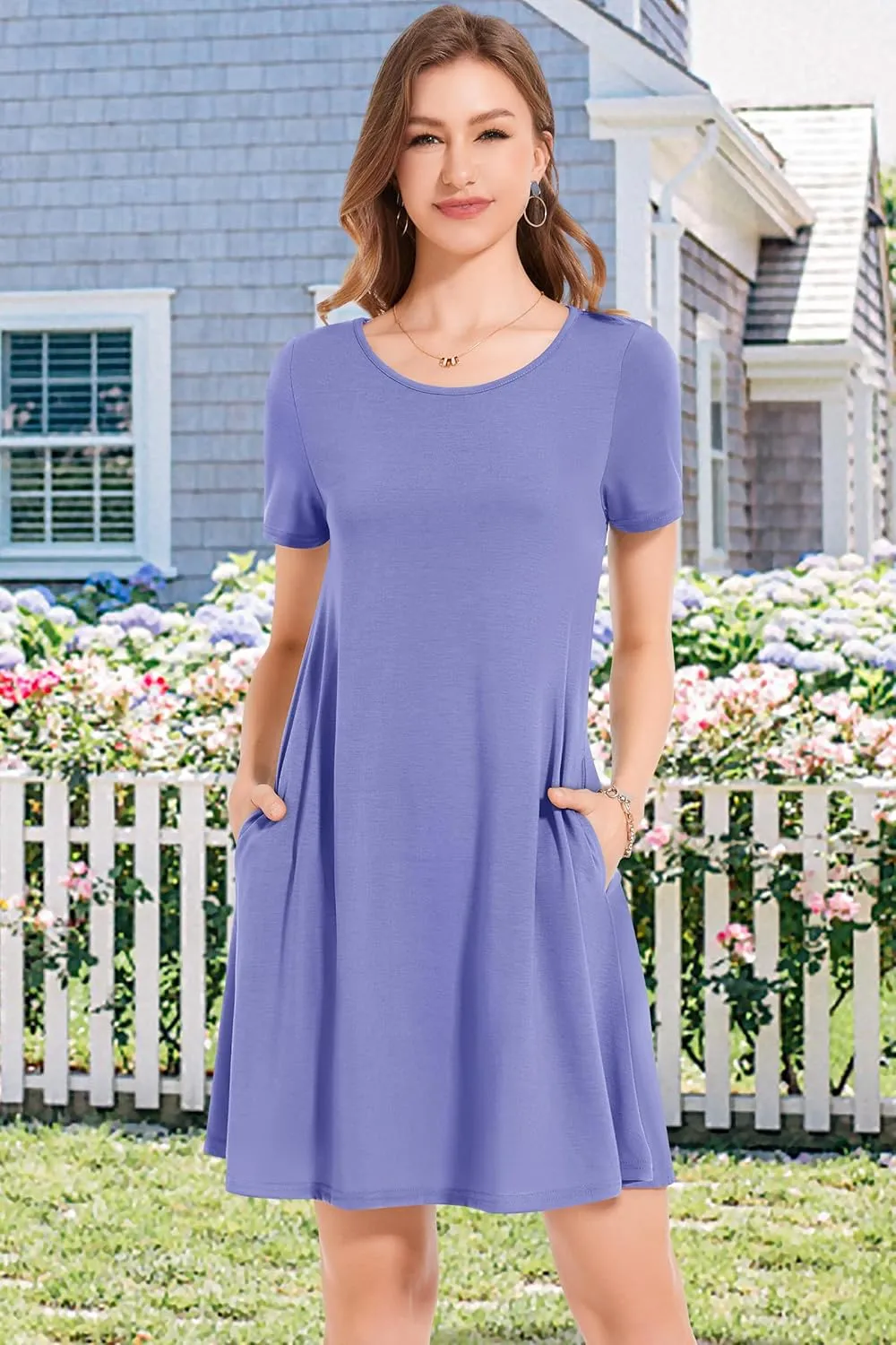 Womens Summer Dresses Beach Casual Loose Tshirt Floral Short Sleeve Flowy Pockets Sundresses