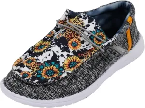 Women's Sunflower Print Canvas Casual Loafers Comfortable Light Weight Slip On Ultralight Sole Wide Boat Shoes Casual Lightweight Black Lace-Up Walking Flat Deck Shoes for Work and Traveling