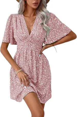 Womens Swing Floral Print V Neck Short Sleeve Mini Dress Casual Chic A Line High Waist Beach Vacation Dress