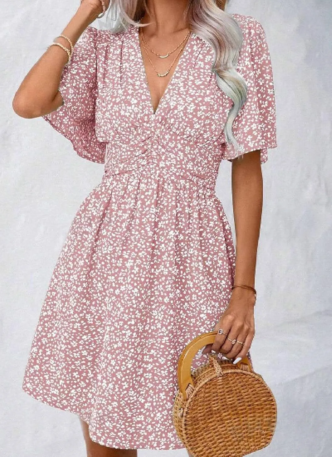 Womens Swing Floral Print V Neck Short Sleeve Mini Dress Casual Chic A Line High Waist Beach Vacation Dress