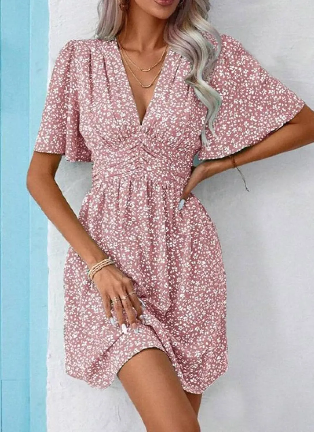 Womens Swing Floral Print V Neck Short Sleeve Mini Dress Casual Chic A Line High Waist Beach Vacation Dress