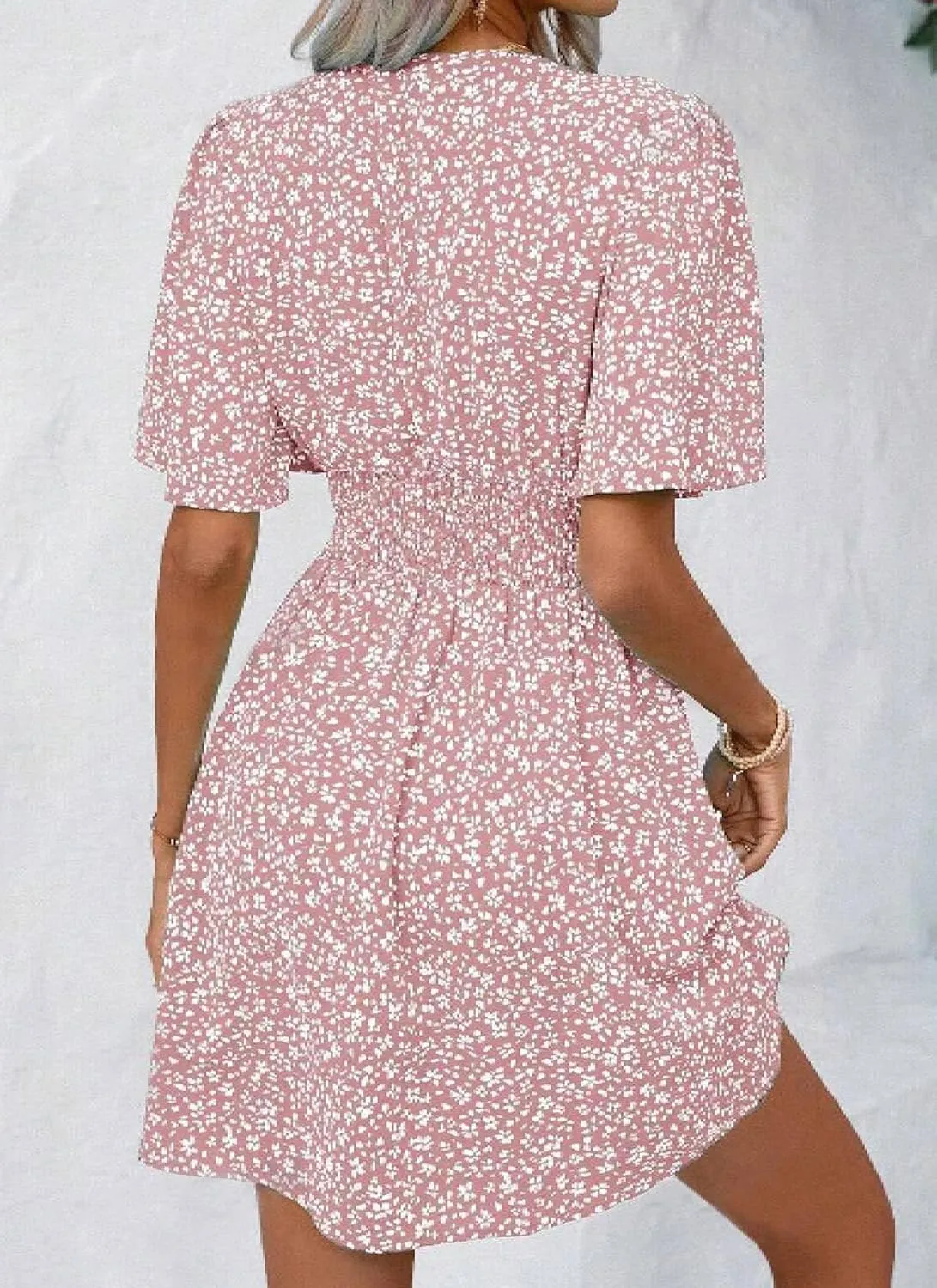 Womens Swing Floral Print V Neck Short Sleeve Mini Dress Casual Chic A Line High Waist Beach Vacation Dress