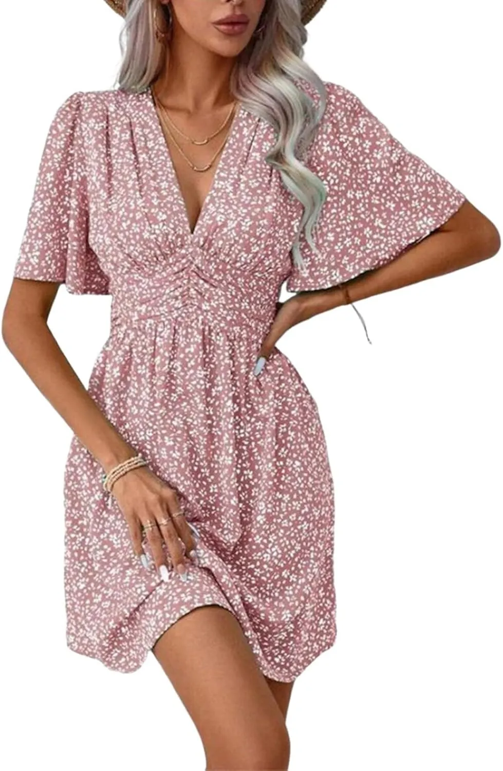 Womens Swing Floral Print V Neck Short Sleeve Mini Dress Casual Chic A Line High Waist Beach Vacation Dress