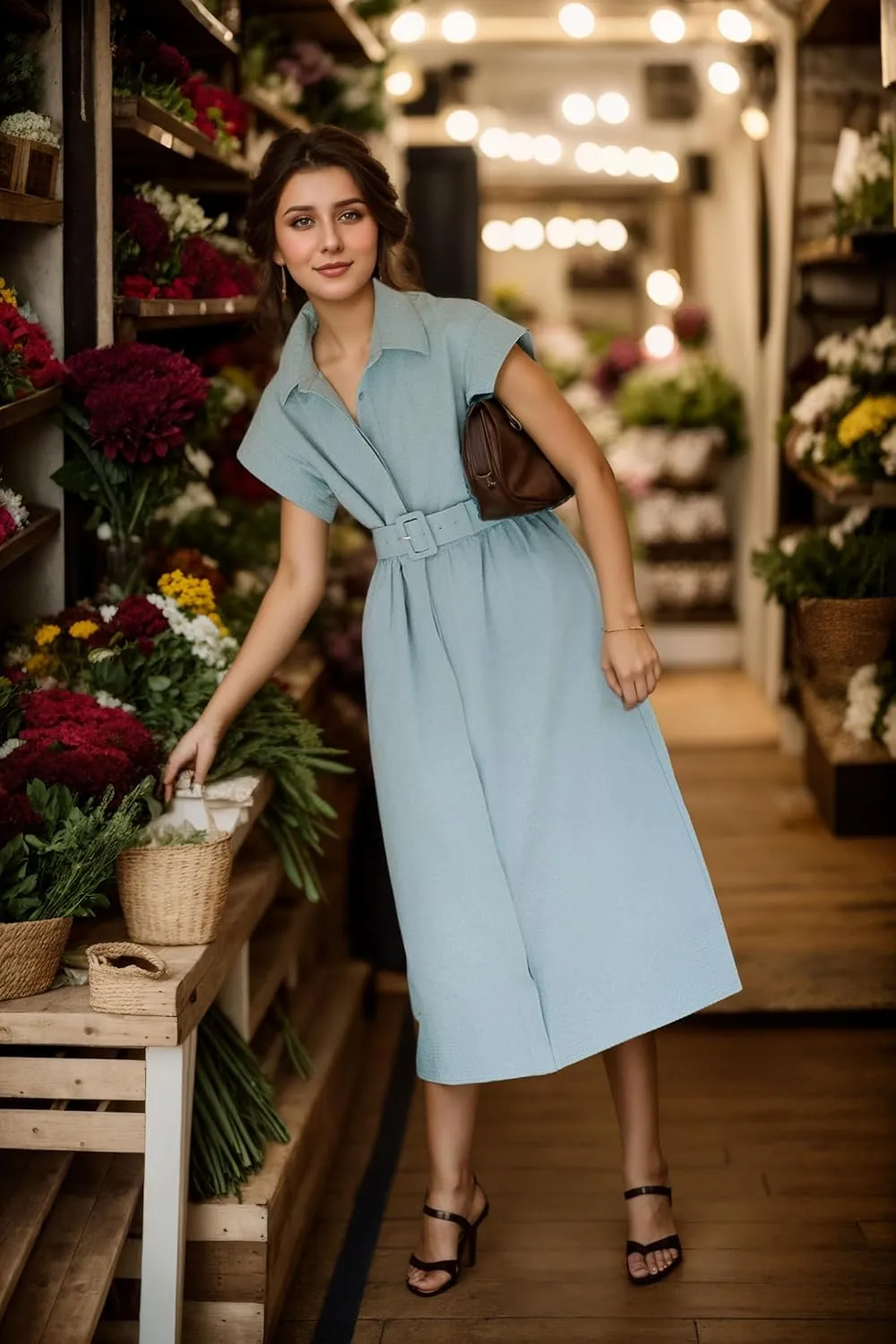 Womens Turn Down Collar Shirt Dress Short Wing Sleeve Button Down Dress Trench Coat Formal Elegant with Belt