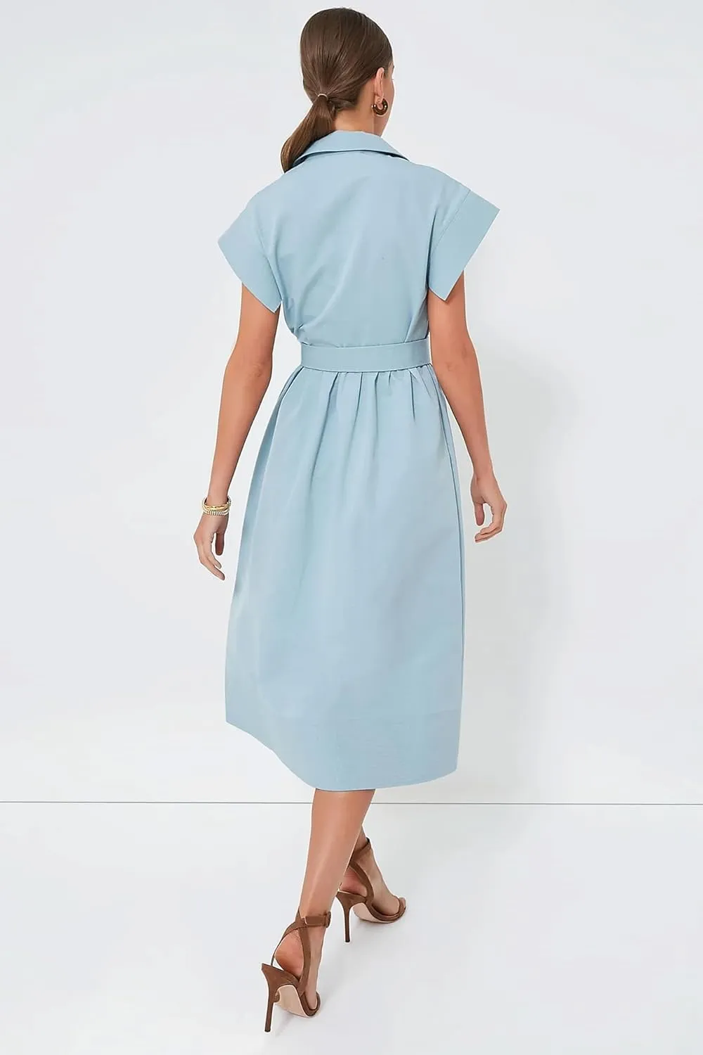 Womens Turn Down Collar Shirt Dress Short Wing Sleeve Button Down Dress Trench Coat Formal Elegant with Belt
