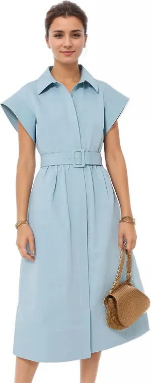 Womens Turn Down Collar Shirt Dress Short Wing Sleeve Button Down Dress Trench Coat Formal Elegant with Belt