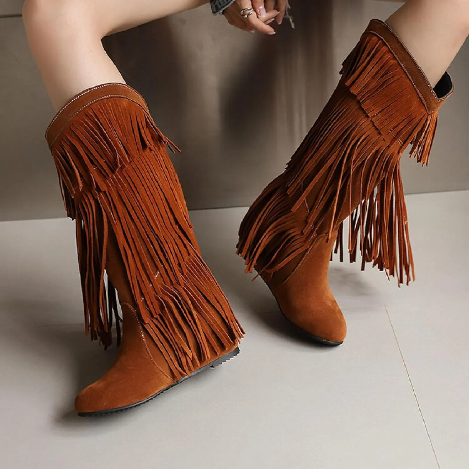 Women'S V-mouth Fringe Tassel Hidden Wedge Cowgirl Knee High Boot Pointed Toe Pull-On Low Heel Anti-Slip Keep Warm Moccasin Flat Mid Calf Boots