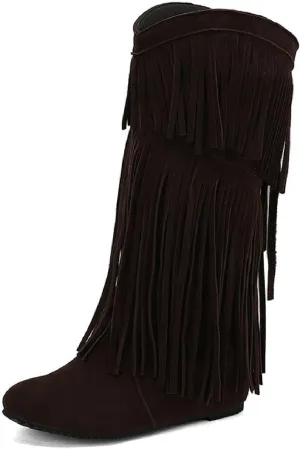 Women'S V-mouth Fringe Tassel Hidden Wedge Cowgirl Knee High Boot Pointed Toe Pull-On Low Heel Anti-Slip Keep Warm Moccasin Flat Mid Calf Boots