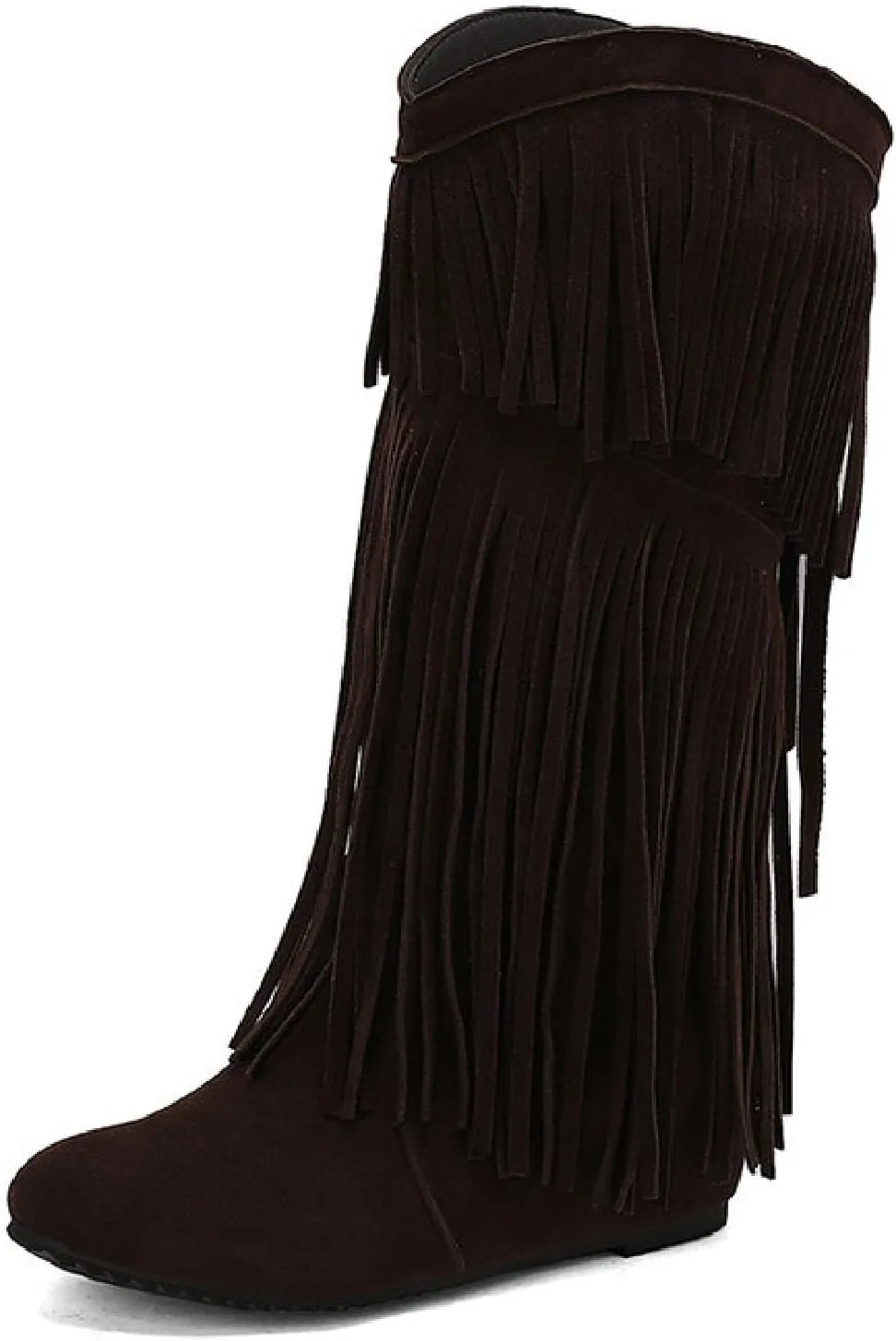 Women'S V-mouth Fringe Tassel Hidden Wedge Cowgirl Knee High Boot Pointed Toe Pull-On Low Heel Anti-Slip Keep Warm Moccasin Flat Mid Calf Boots