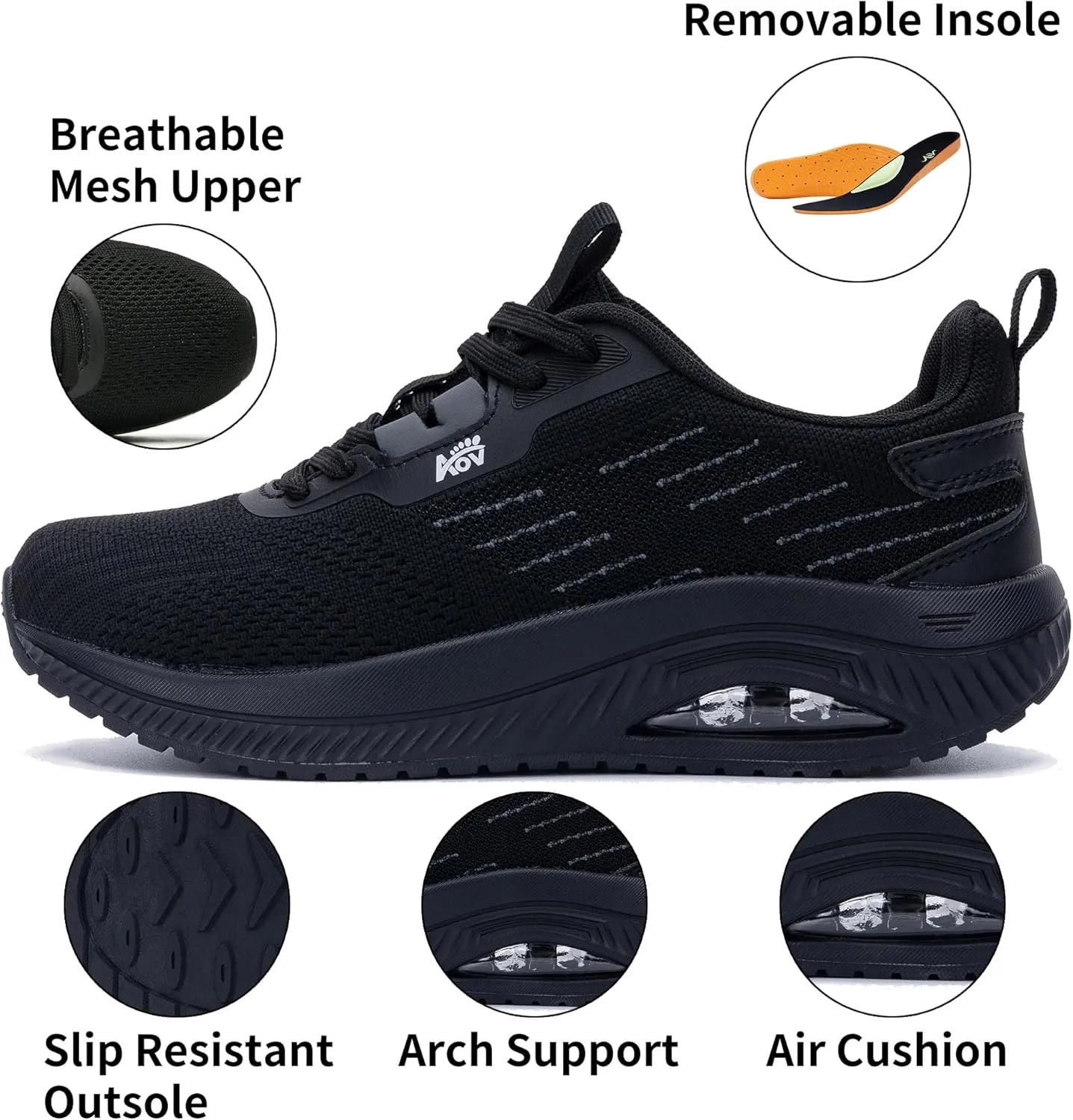 Women's Walking Shoes with Arch Support Orthotic Sneakers for Plantar Fasciitis Heel and Foot Pain Relief Tennis AllBlack Size 8