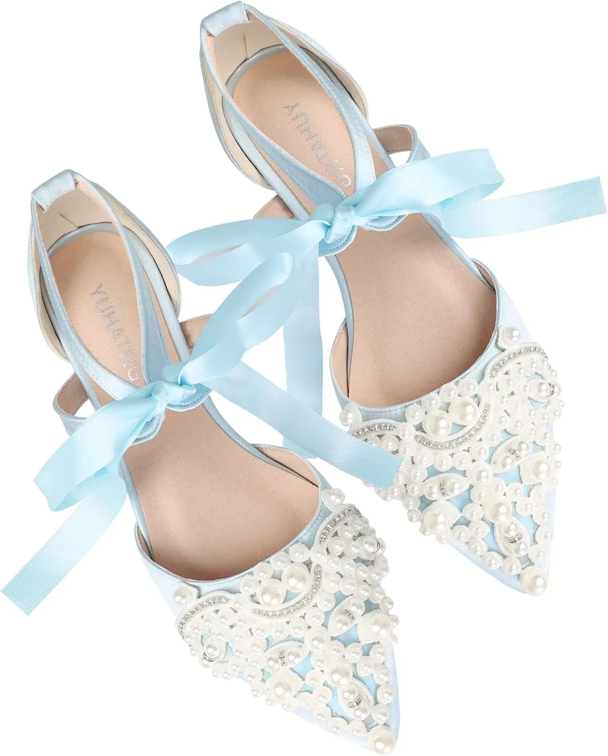 Women's Wedding Flat Pearl Rhinestone Pointed Toe Ivory Satin Ribbon Tie Bridal Shoes