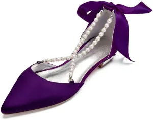 Women's Wedding Flats with Pointed Toe & Pearls Mary Jane Bridal Shoes with Buckle, Satin Perfect for Evening Parties, Proms, & Dressy Occasions