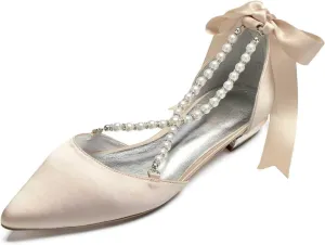 Women's Wedding Flats with Pointed Toe & Pearls Mary Jane Bridal Shoes with Buckle, Satin Perfect for Evening Parties, Proms, & Dressy Occasions