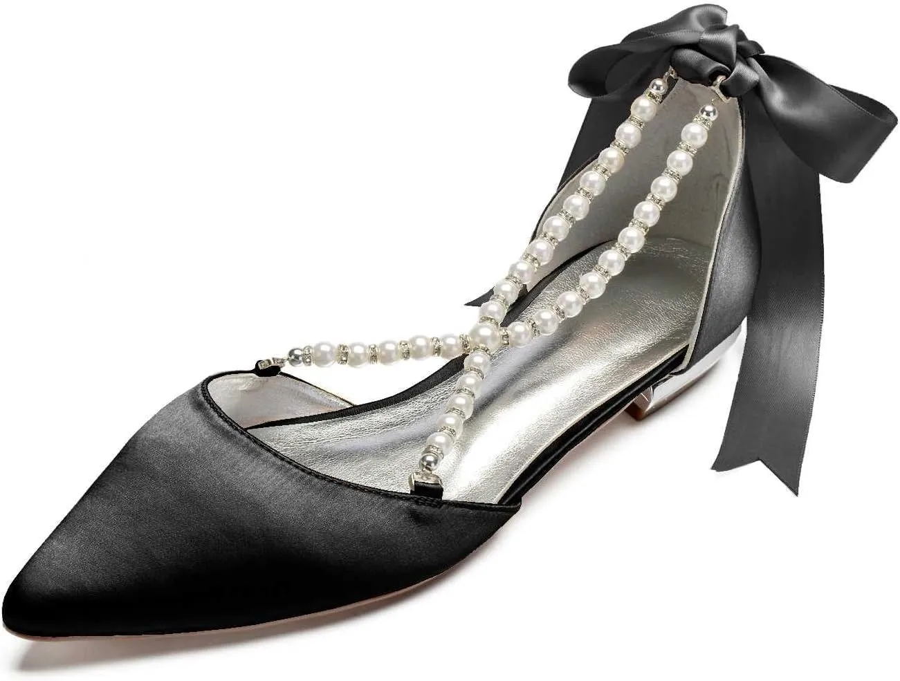 Women's Wedding Flats with Pointed Toe & Pearls Mary Jane Bridal Shoes with Buckle, Satin Perfect for Evening Parties, Proms, & Dressy Occasions