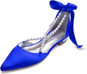 Women's Wedding Flats with Pointed Toe & Pearls Mary Jane Bridal Shoes with Buckle, Satin Perfect for Evening Parties, Proms, & Dressy Occasions