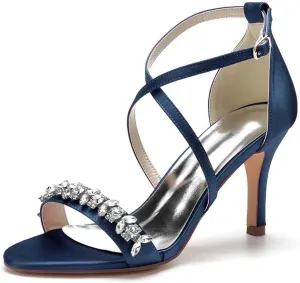 Womens Wedding Shoes Heels for Women Open Toe Buckle Ankle Strap Kitten Heels for Women Pump Block Sandals 3.34 inches Silver Black White Nude for Party Wedding(Dark Blue,8.5)