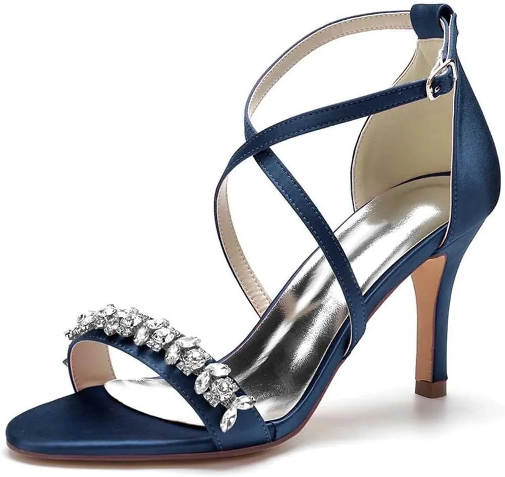 Womens Wedding Shoes Heels for Women Open Toe Buckle Ankle Strap Kitten Heels for Women Pump Block Sandals 3.34 inches Silver Black White Nude for Party Wedding(Dark Blue,9)
